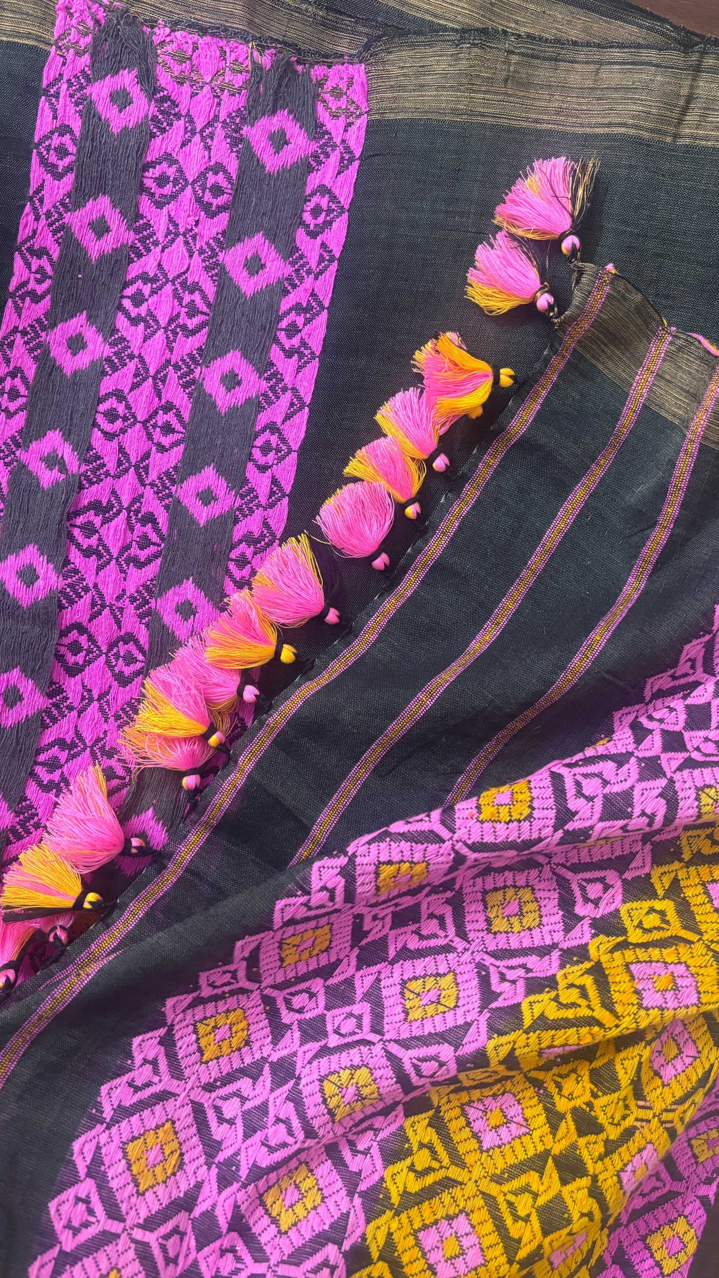 Raw Silk - Cotton Sari with Pink & Yellow Heavy Pallu | Black