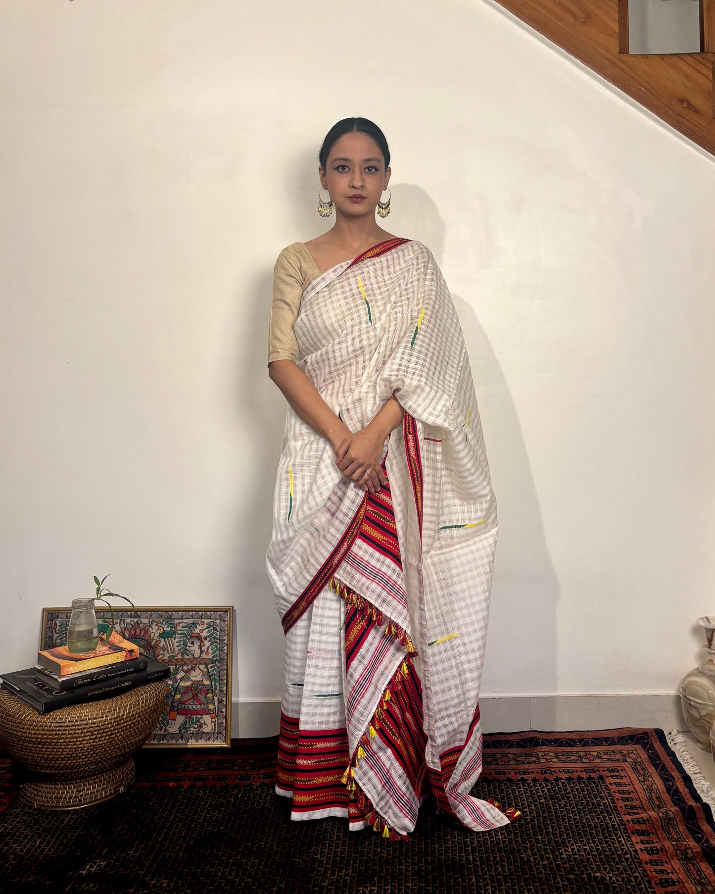 Pure Raw Silk Mekhela Sador | White with Multicoloured Motifs
