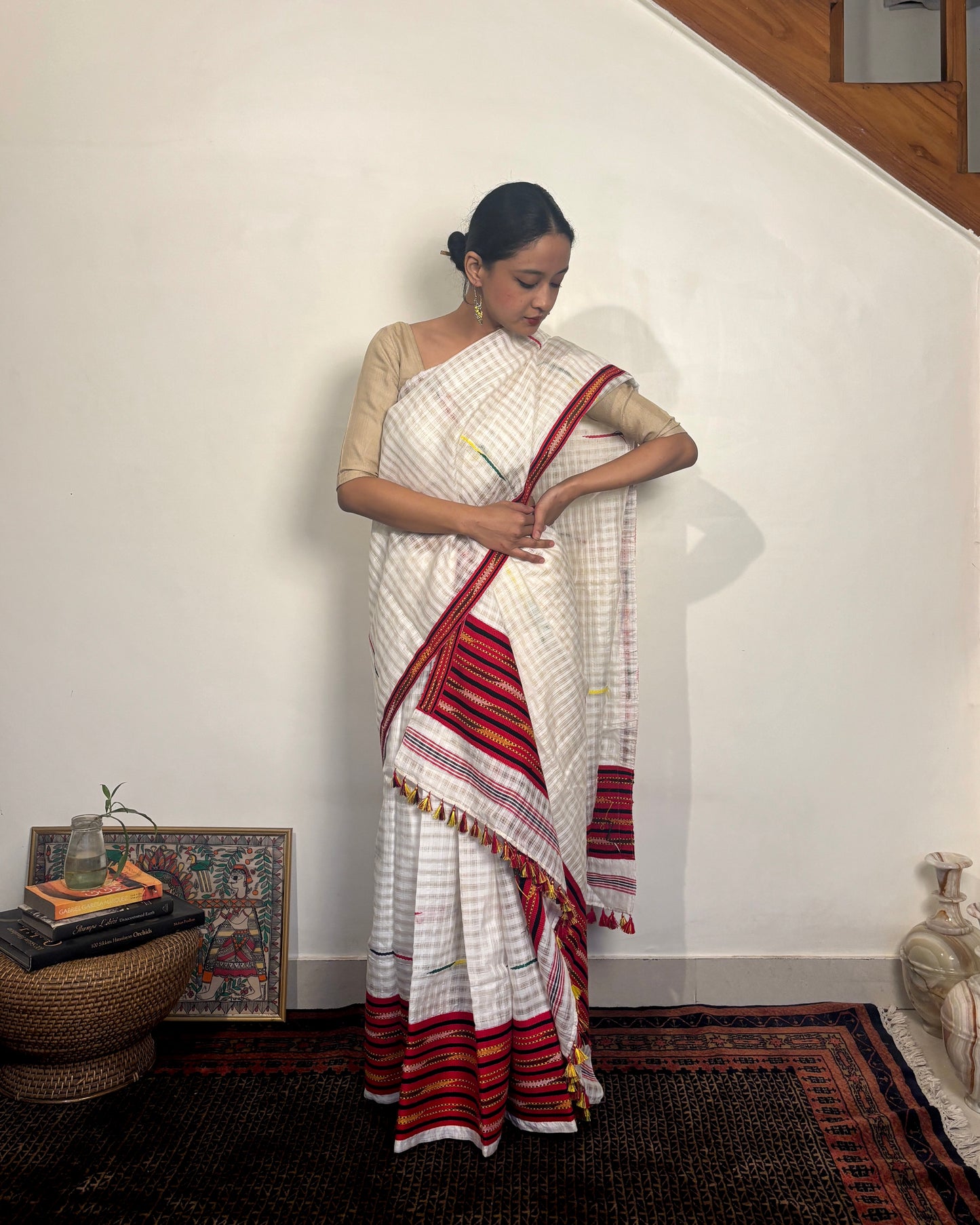 Pure Raw Silk Mekhela Sador | White with Multicoloured Motifs