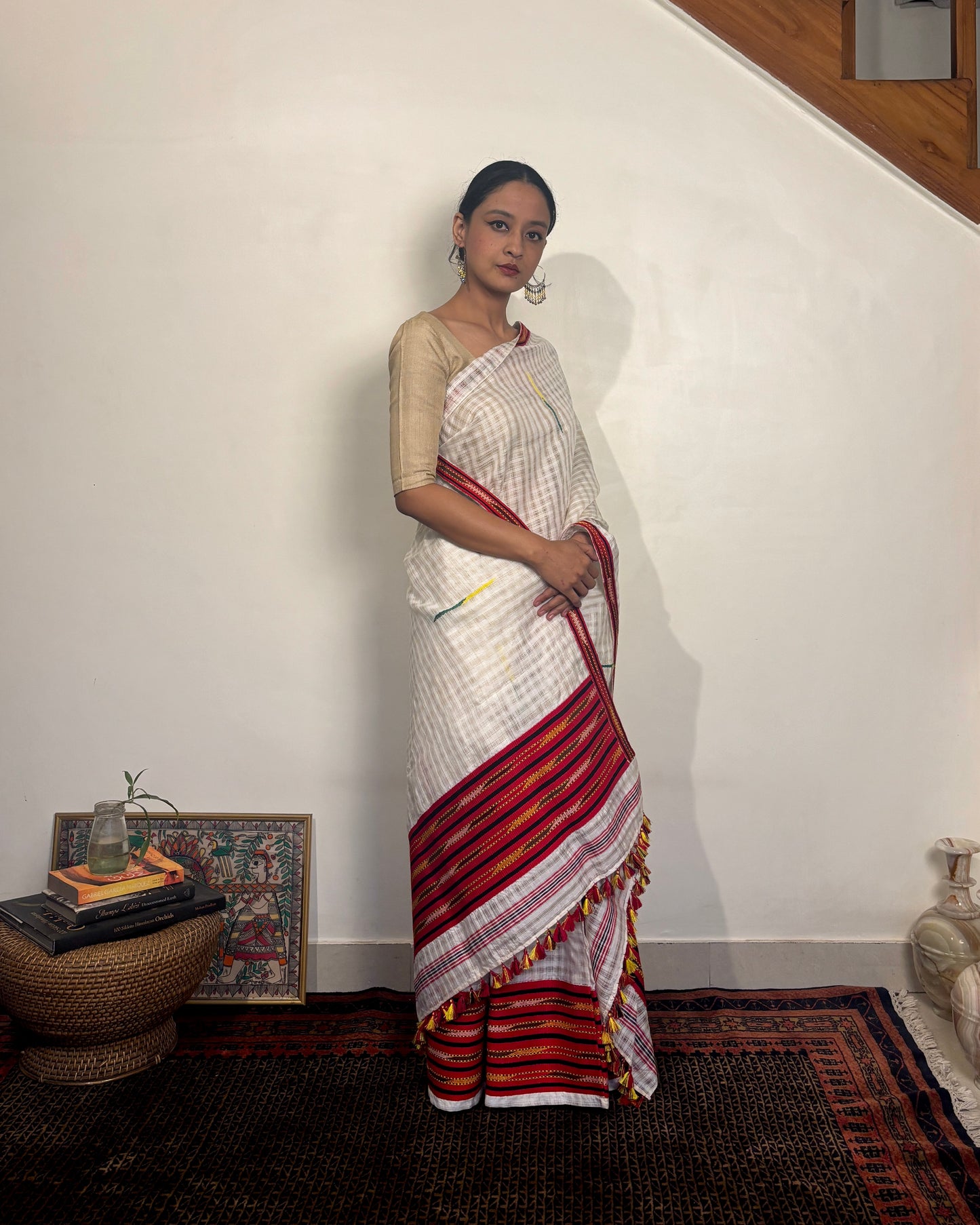 Pure Raw Silk Mekhela Sador | White with Multicoloured Motifs