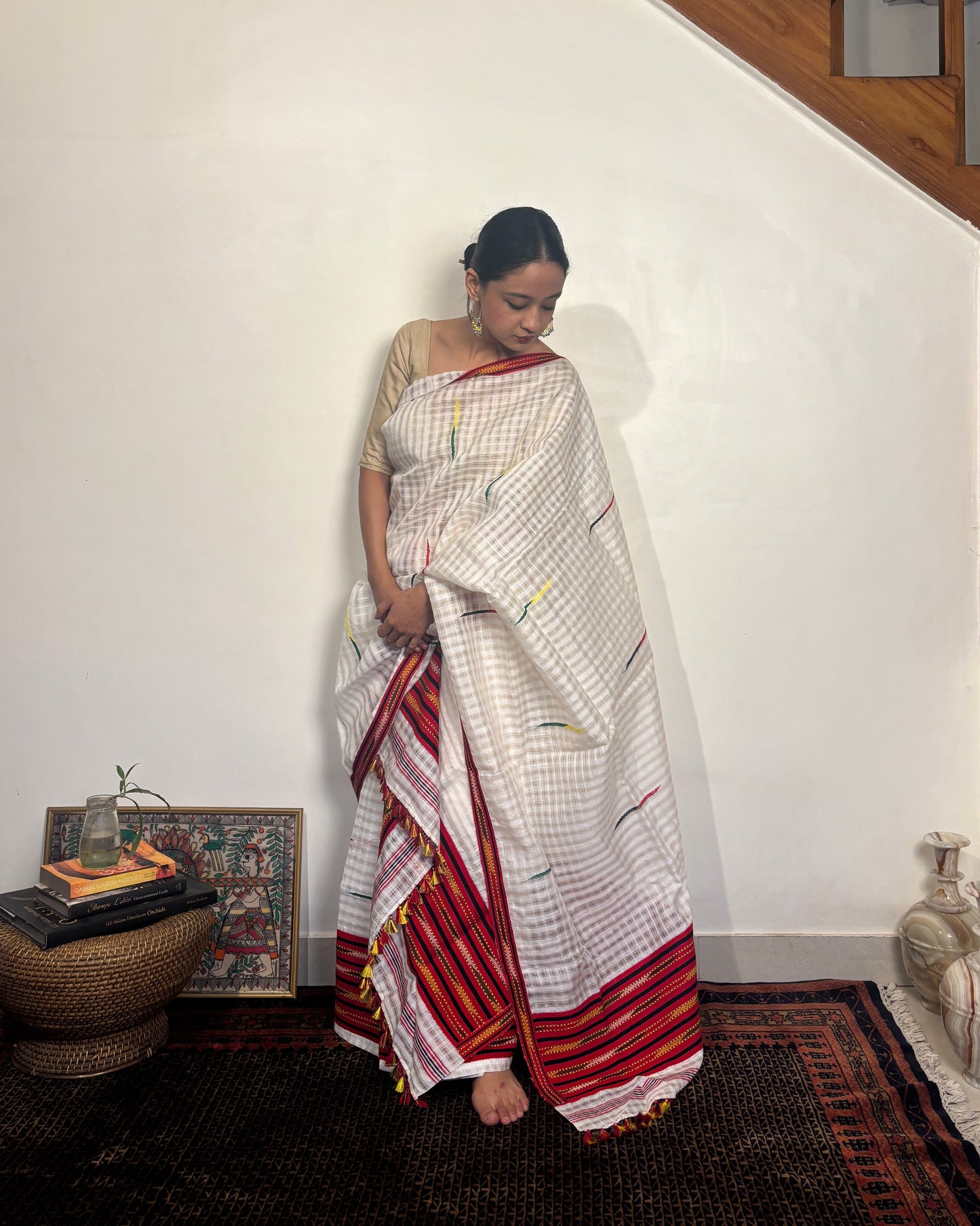 Pure Raw Silk Mekhela Sador | White with Multicoloured Motifs