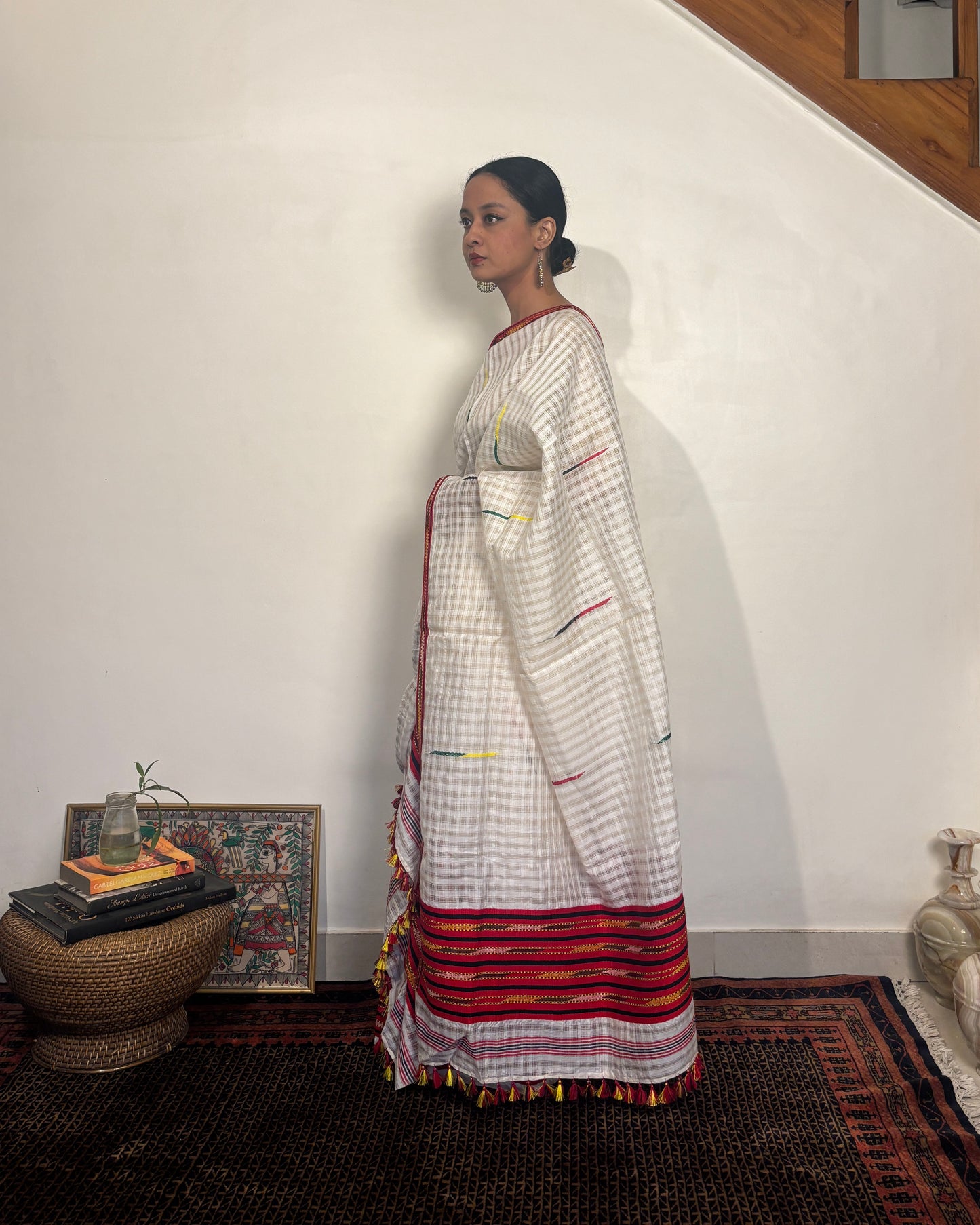 Pure Raw Silk Mekhela Sador | White with Multicoloured Motifs