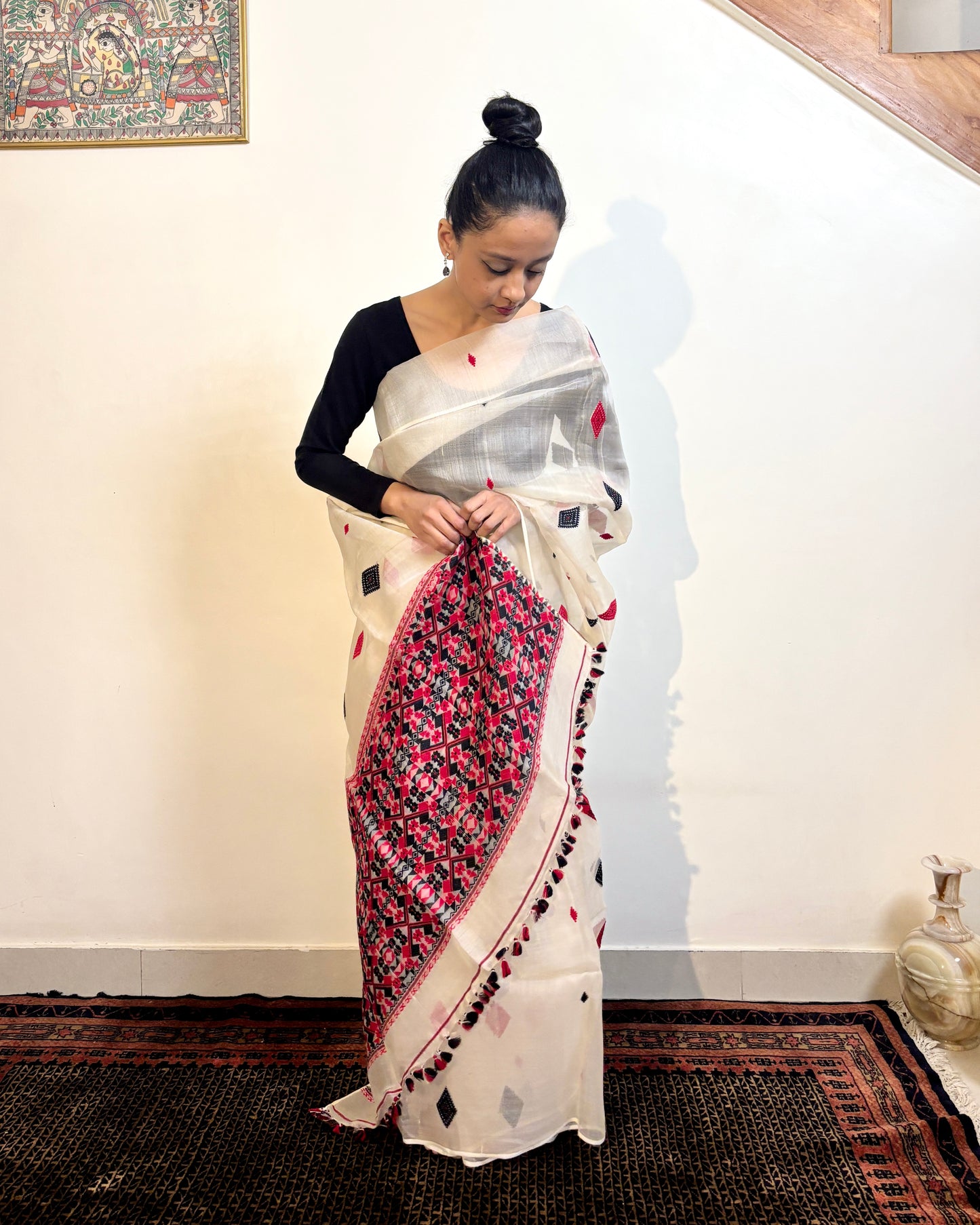Pure Raw Silk Saree | White with Red & Black Motifs