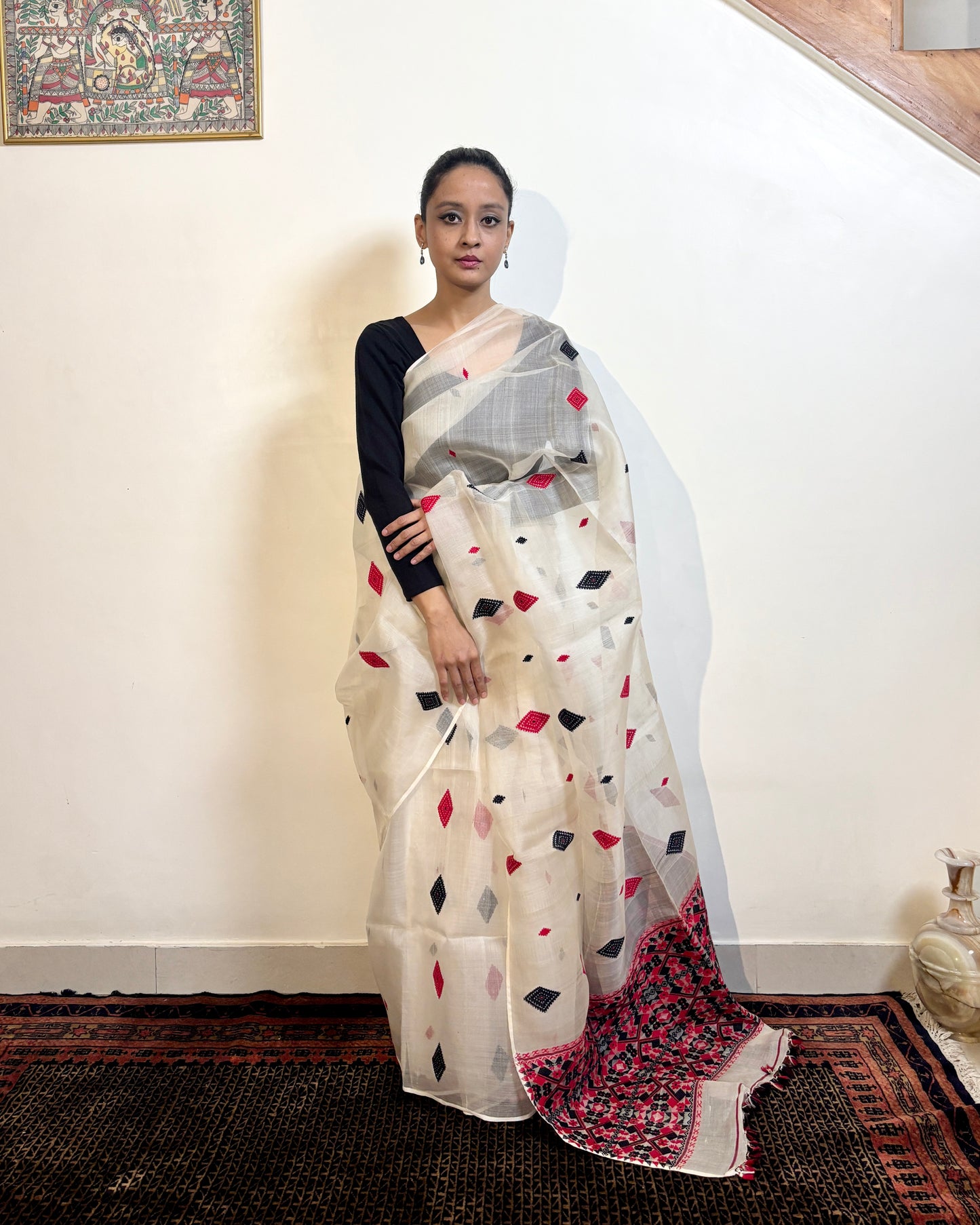 Pure Raw Silk Saree | White with Red & Black Motifs