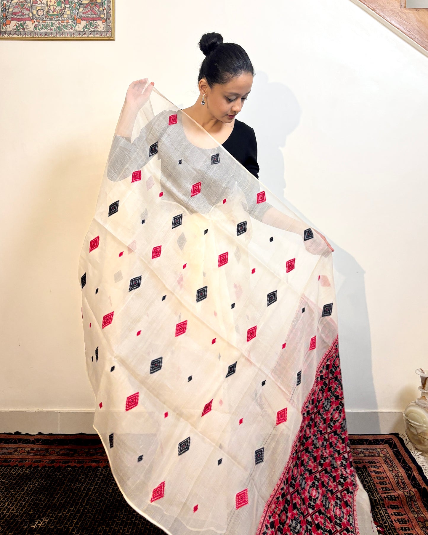 Pure Raw Silk Saree | White with Red & Black Motifs