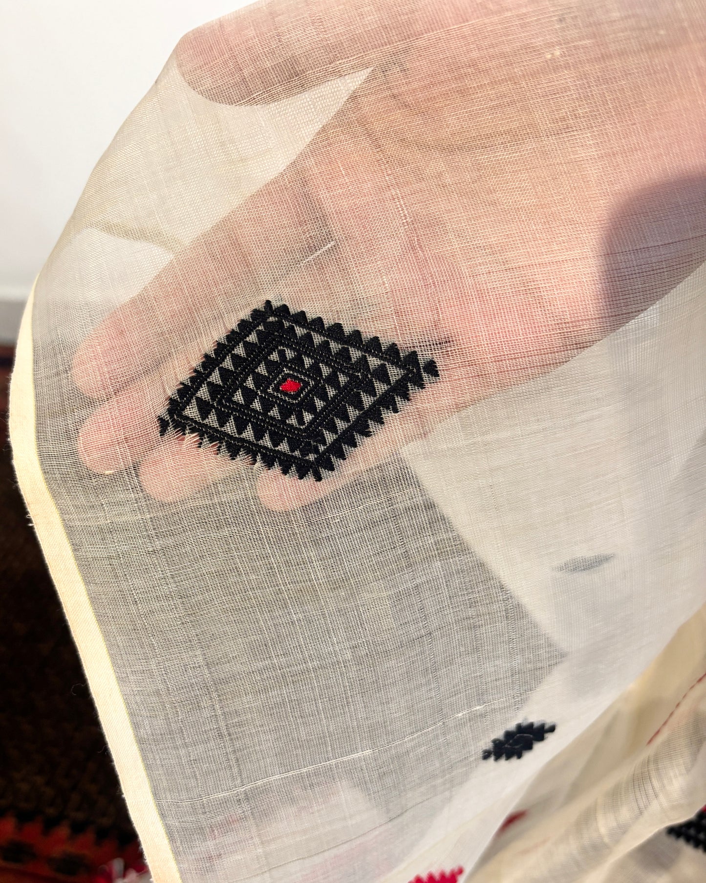 Pure Raw Silk Saree | White with Red & Black Motifs