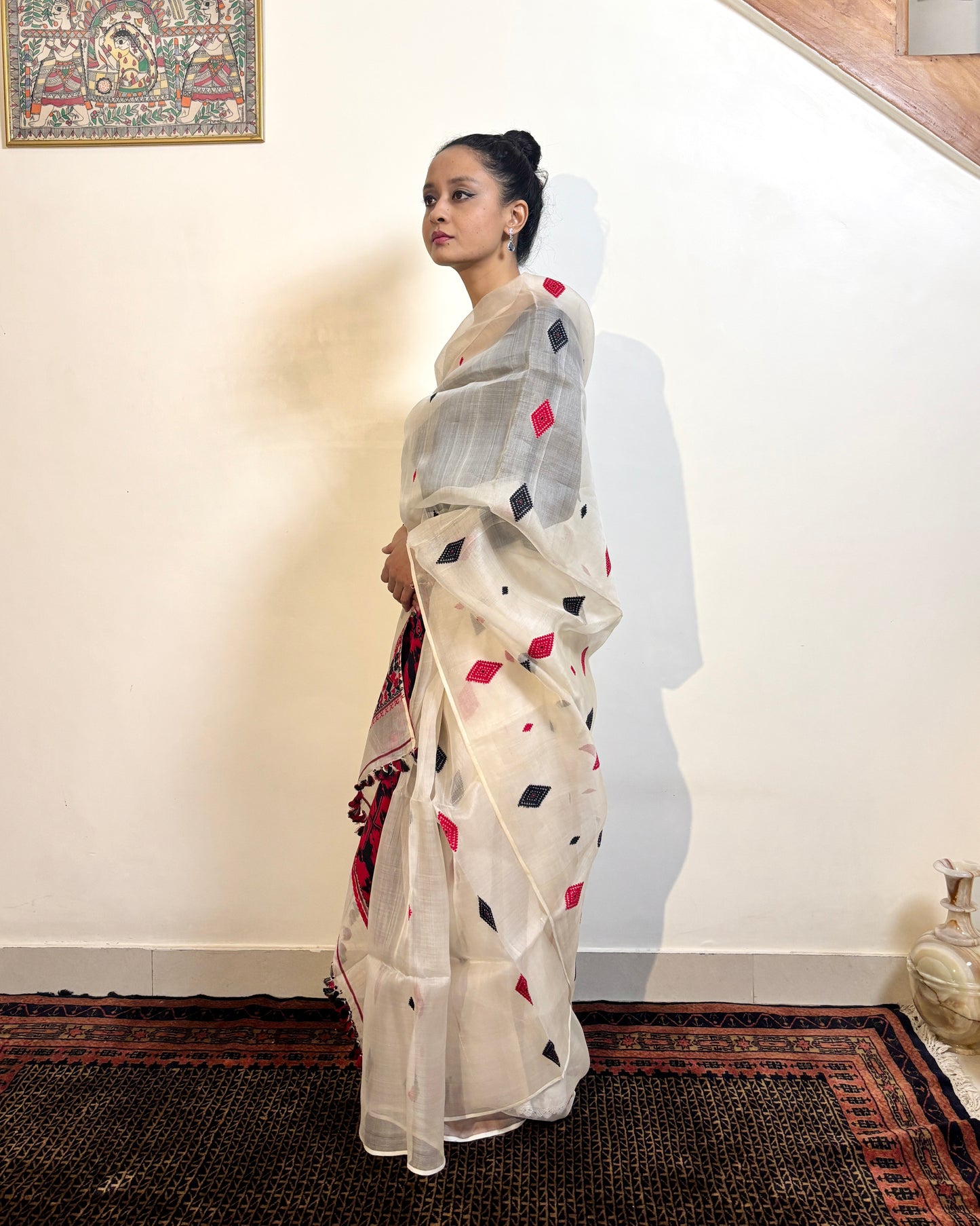 Pure Raw Silk Saree | White with Red & Black Motifs