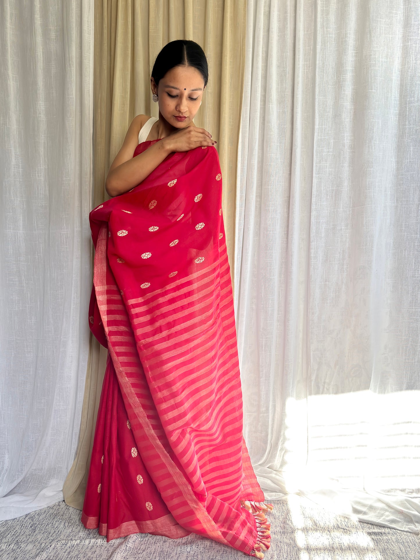 Raw Silk - Cotton Sari | Red