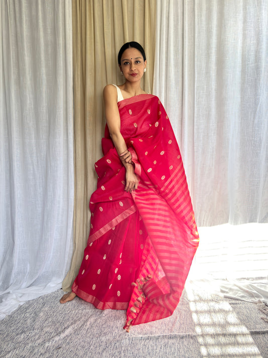 Raw Silk - Cotton Sari | Red