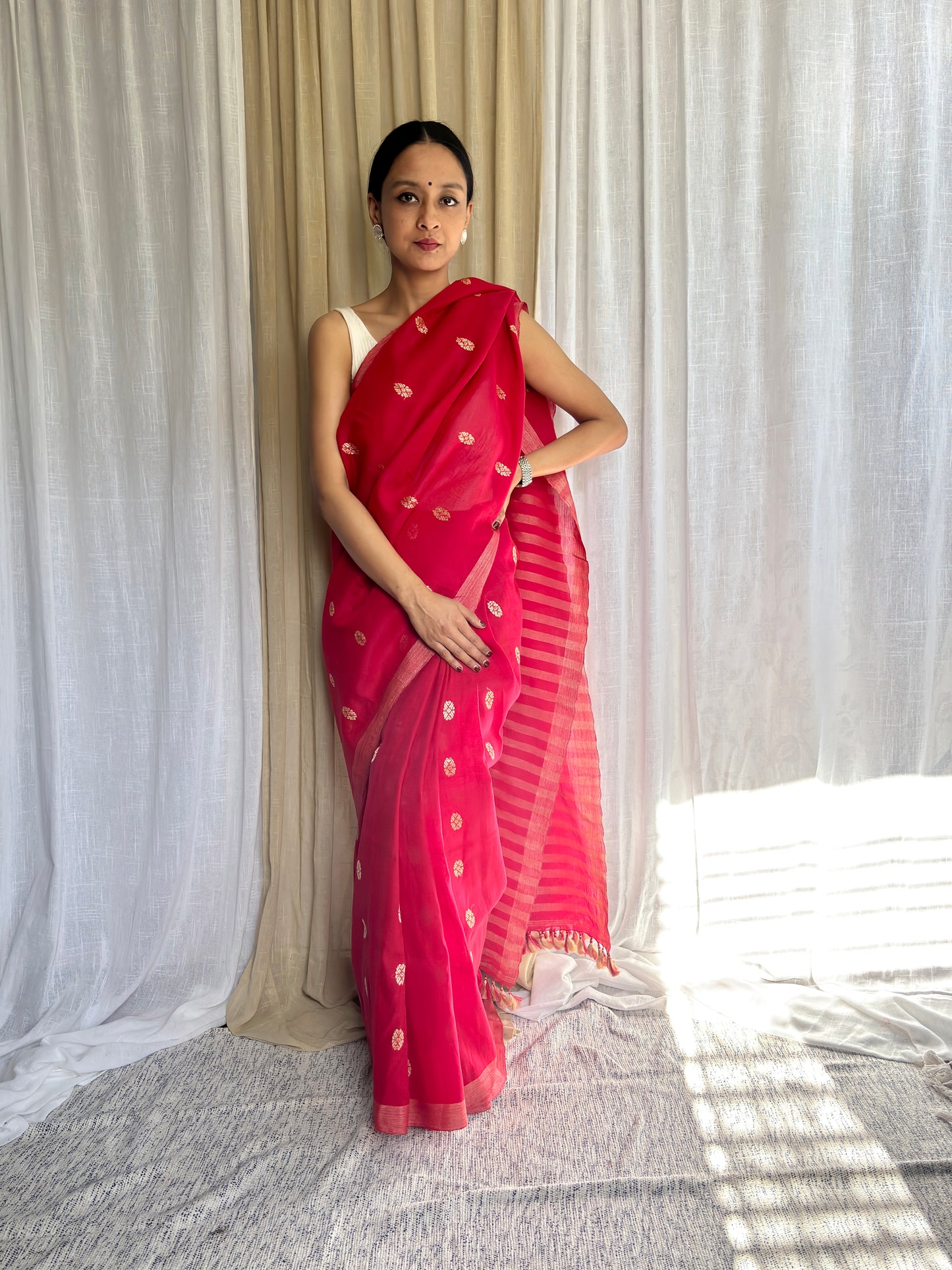 Raw Silk - Cotton Sari | Red