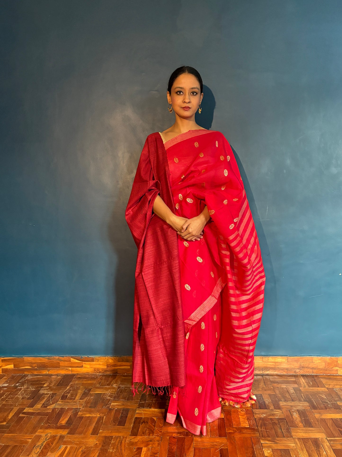 Raw Silk - Cotton Sari | Red
