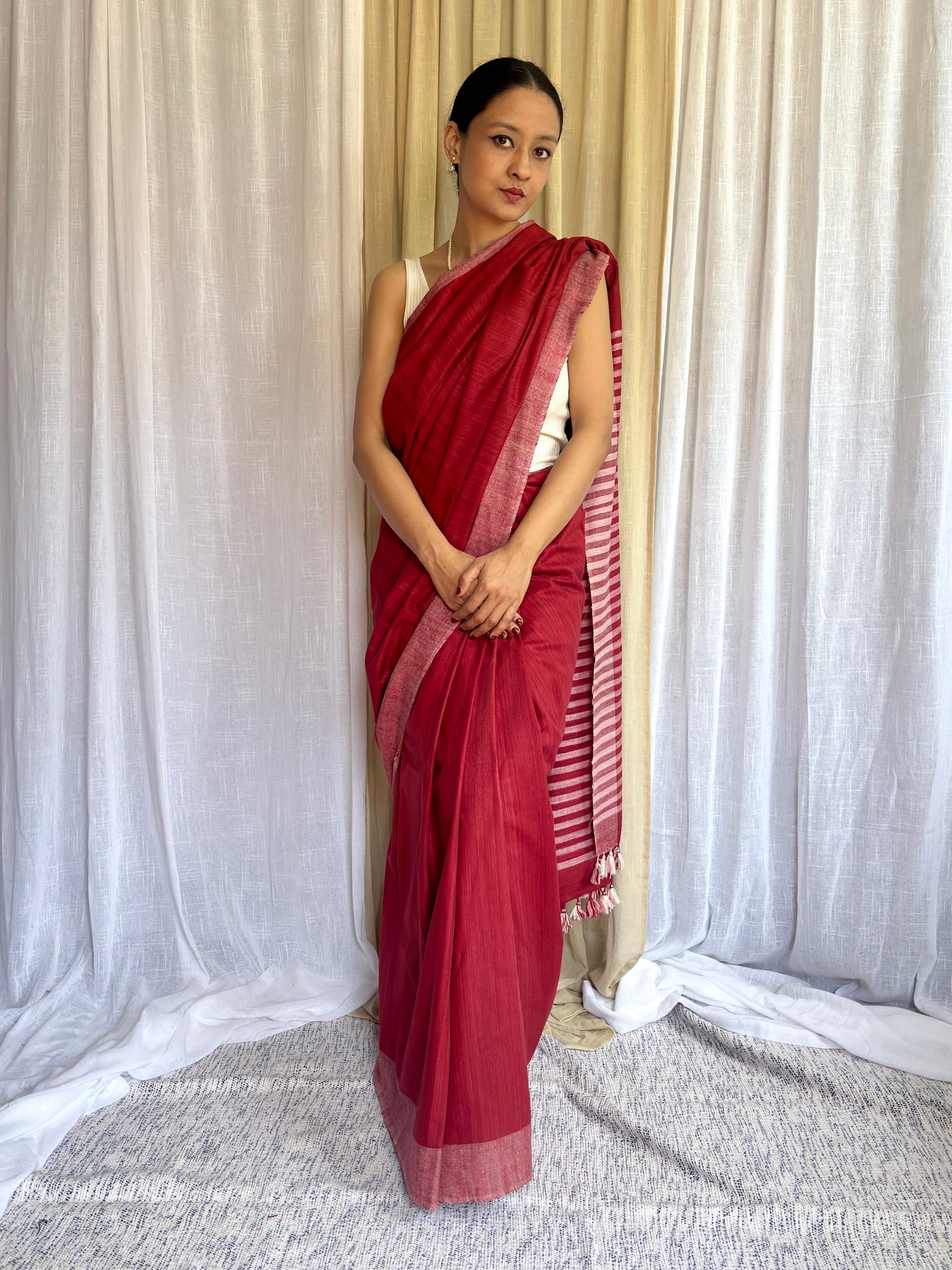 Deep Red Eri Silk Handloom Saree | Pink Stripes