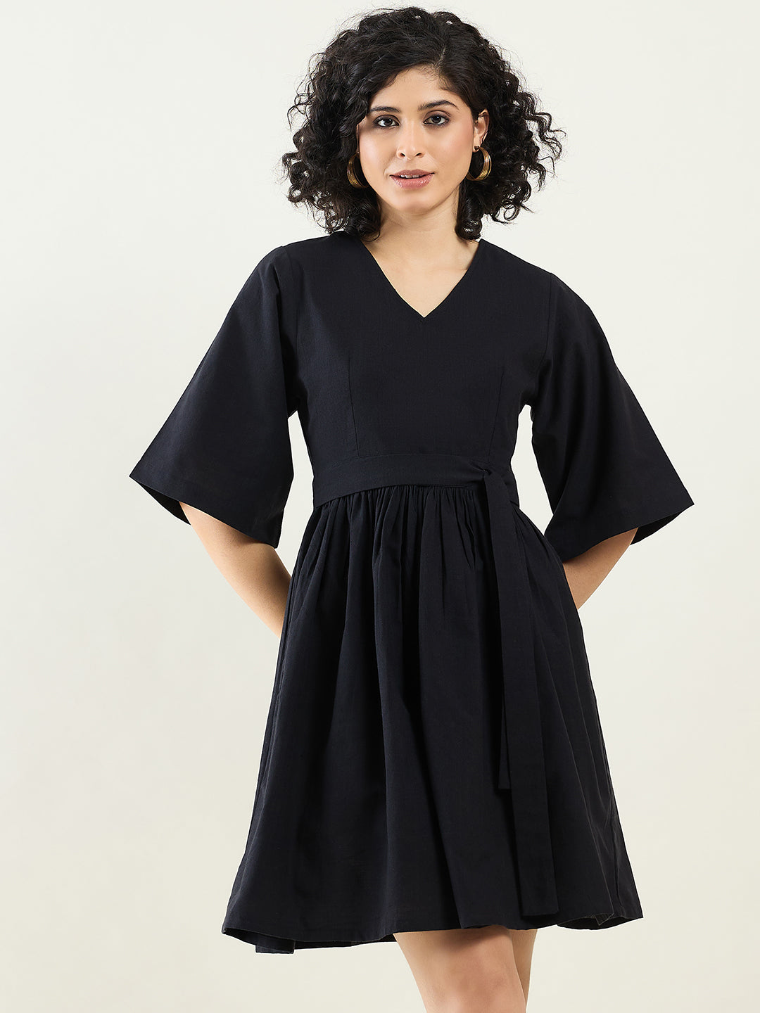 Belted Fit and Flared Dress with Wide Sleeves for Women