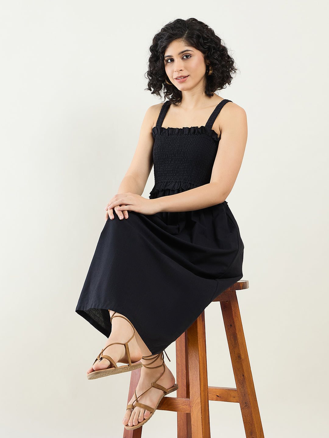 Smocked Midi Dress with Ruffle Detail | Black