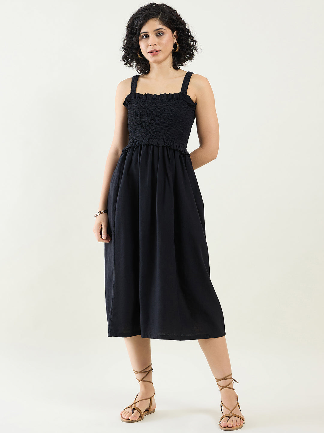 Smocked Midi Dress with Ruffle Detail | Black