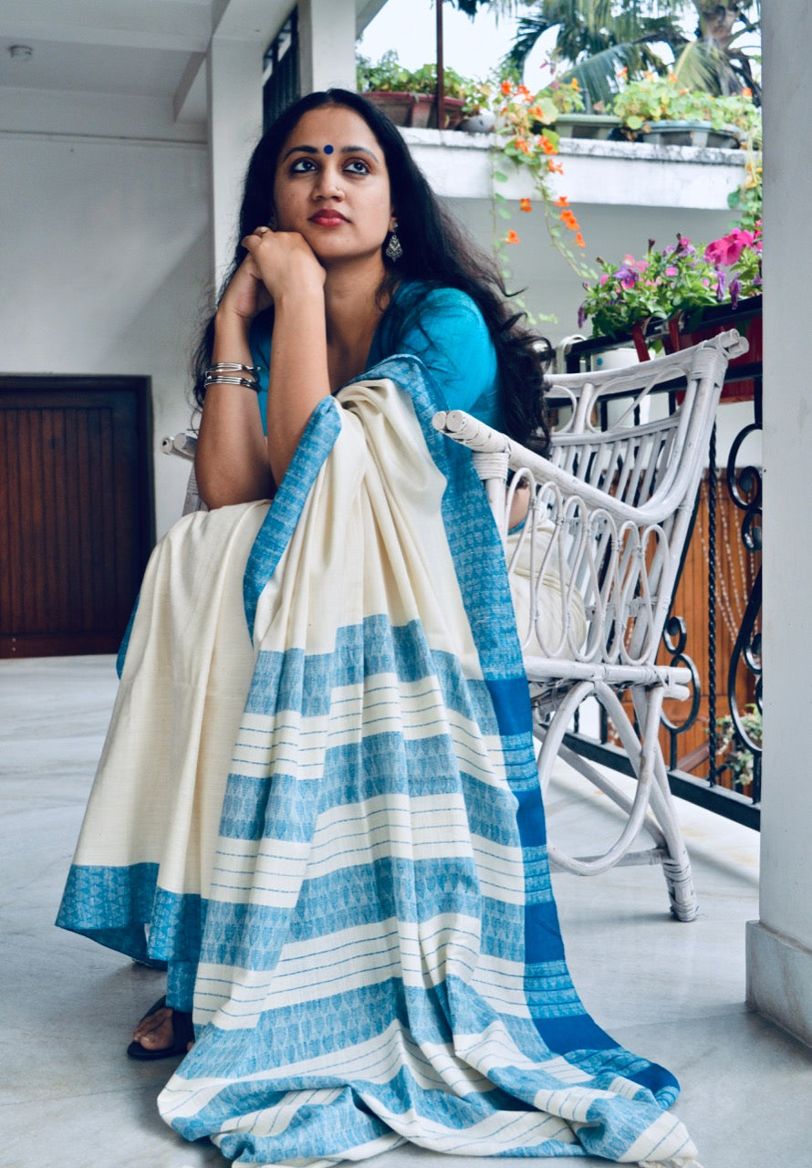 White & blue Eri silk saree