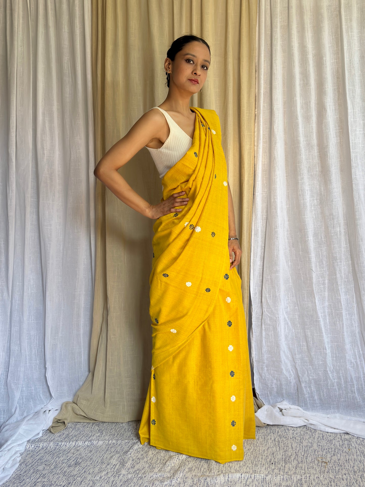 Yellow Eri Silk Handloom Saree | Blue & White Motifs