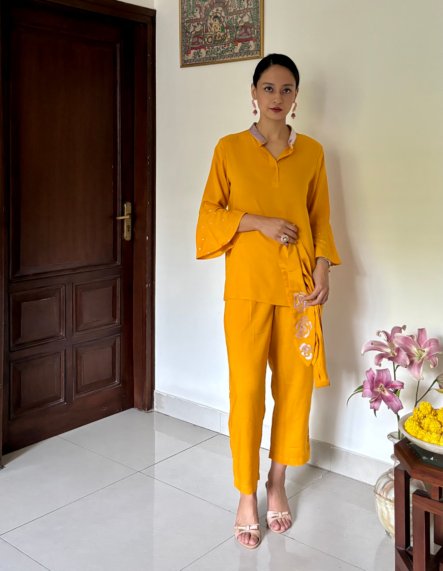 Short Kurti Set with Bell Sleeves in Mustard Yellow