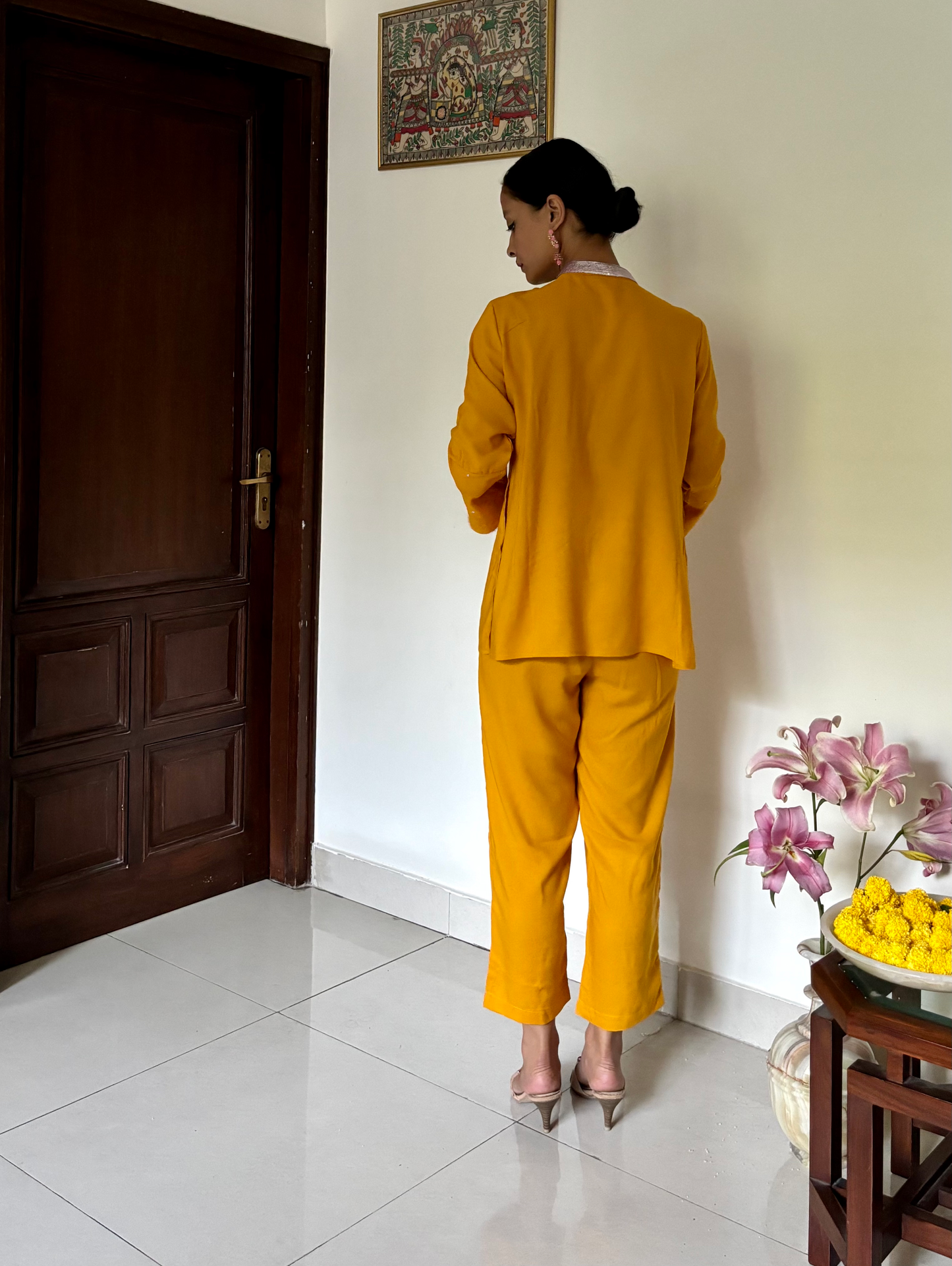 Short Kurti Set with Bell Sleeves in Mustard Yellow