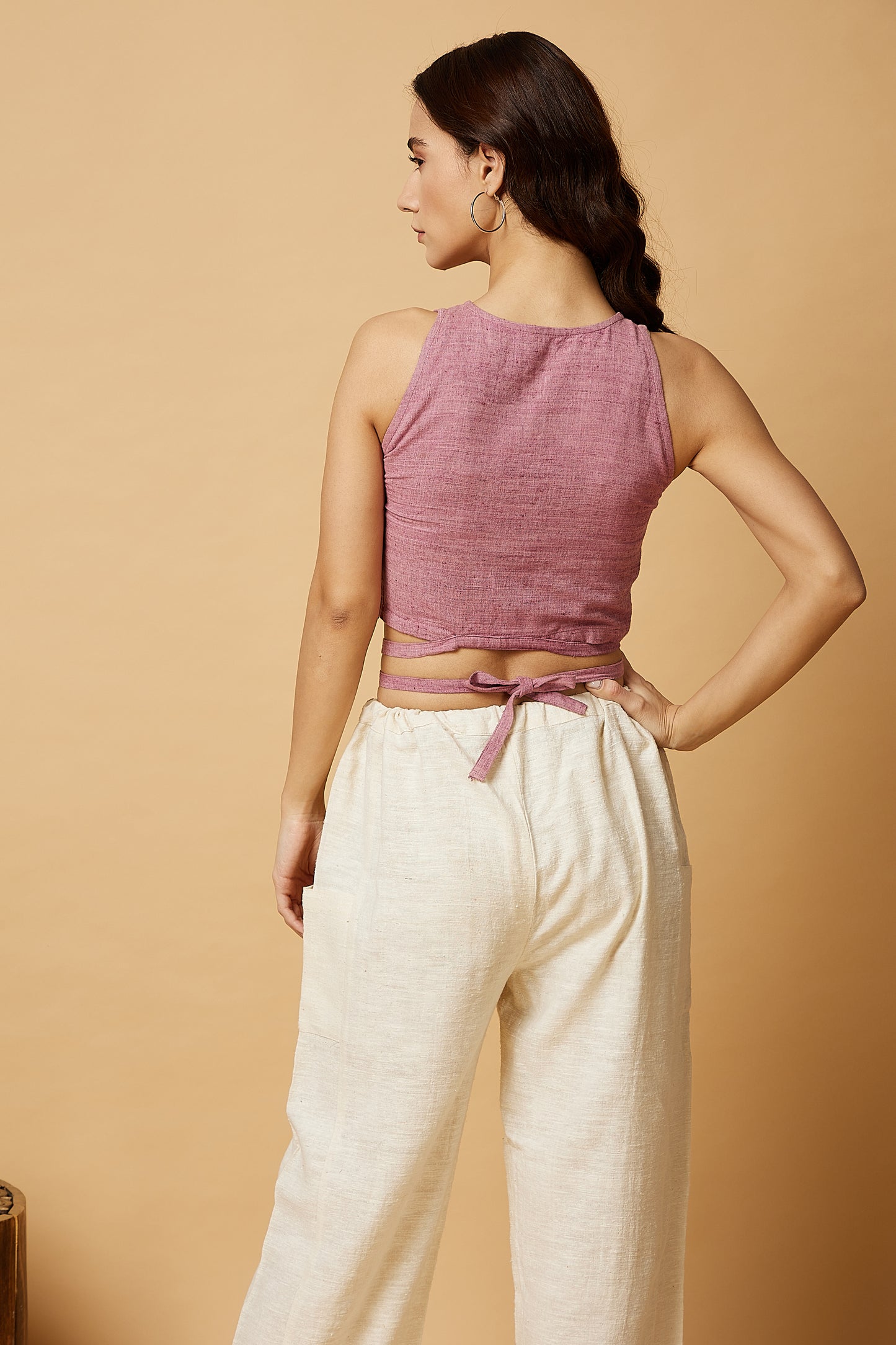 Crop top with zip detail and midriff ties in pink