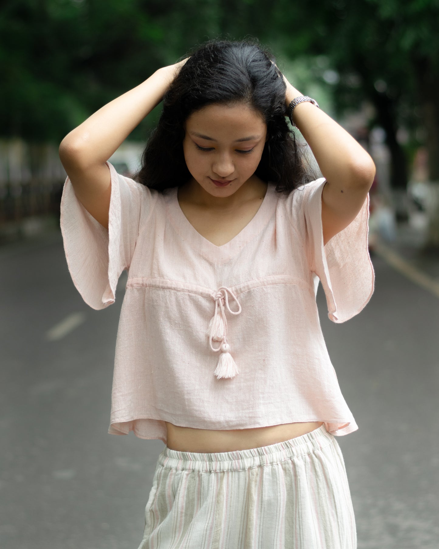 Pink cotton top with flared half sleeves for women