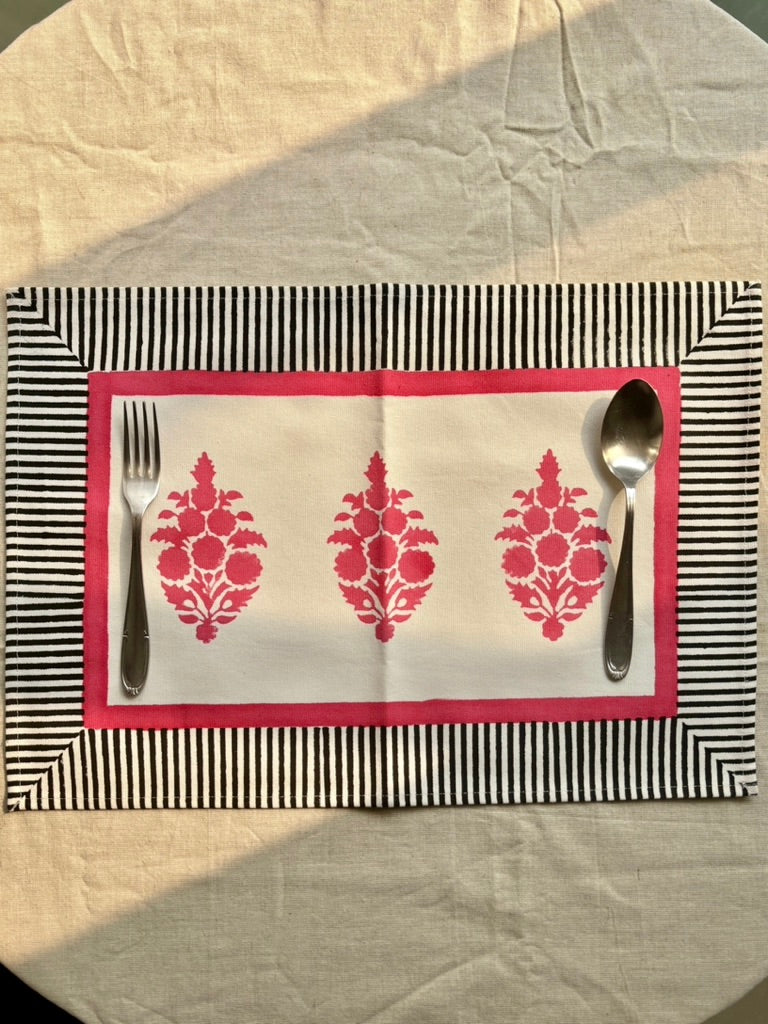 Cotton Dining Table Placemats | Set of 2 | Black & Pink