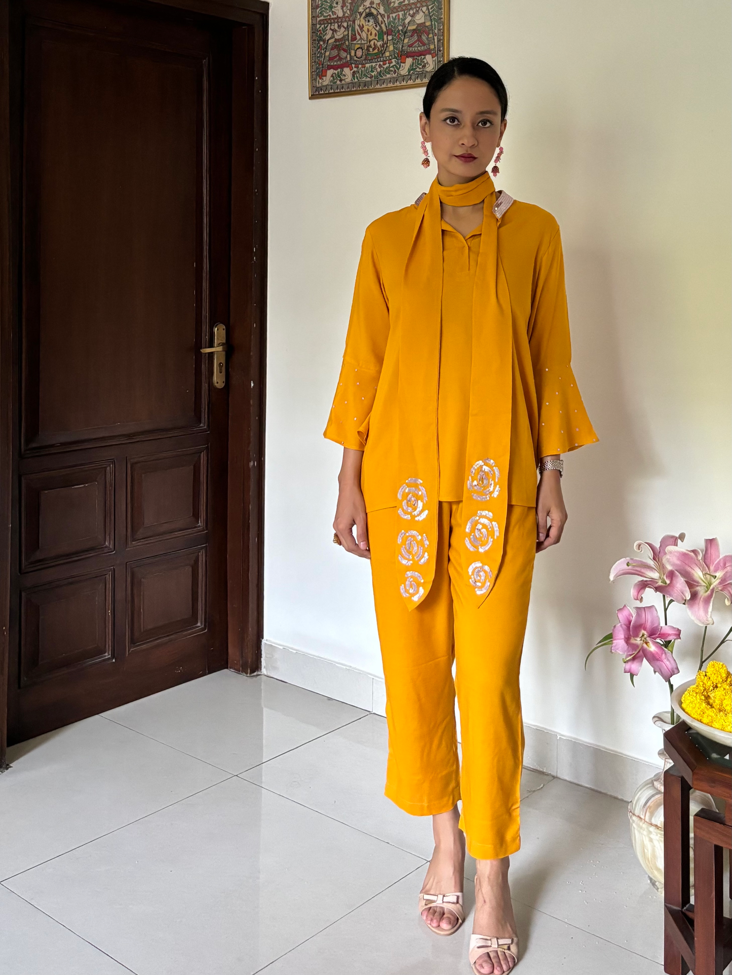 Short Kurti Set with Bell Sleeves in Mustard Yellow