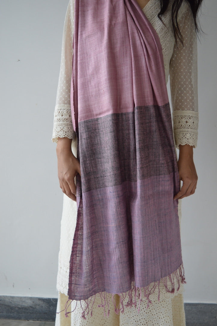 Handwoven pink and grey Eri silk scarf