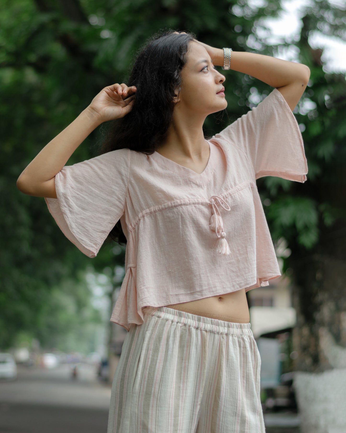 Pink cotton top with flared half sleeves for women