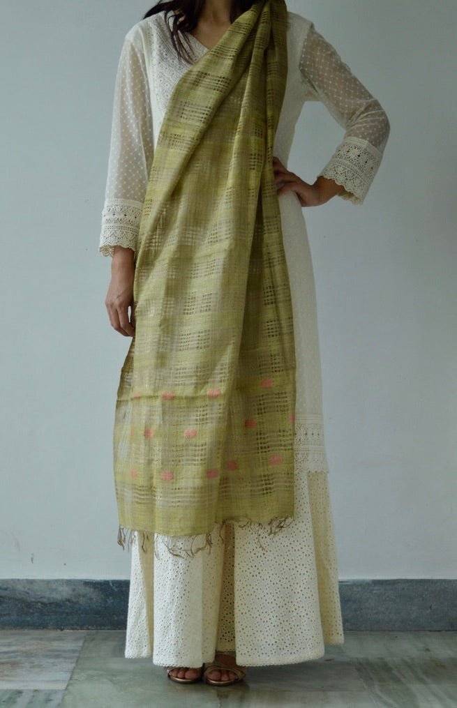 Handwoven green Eri silk scarf