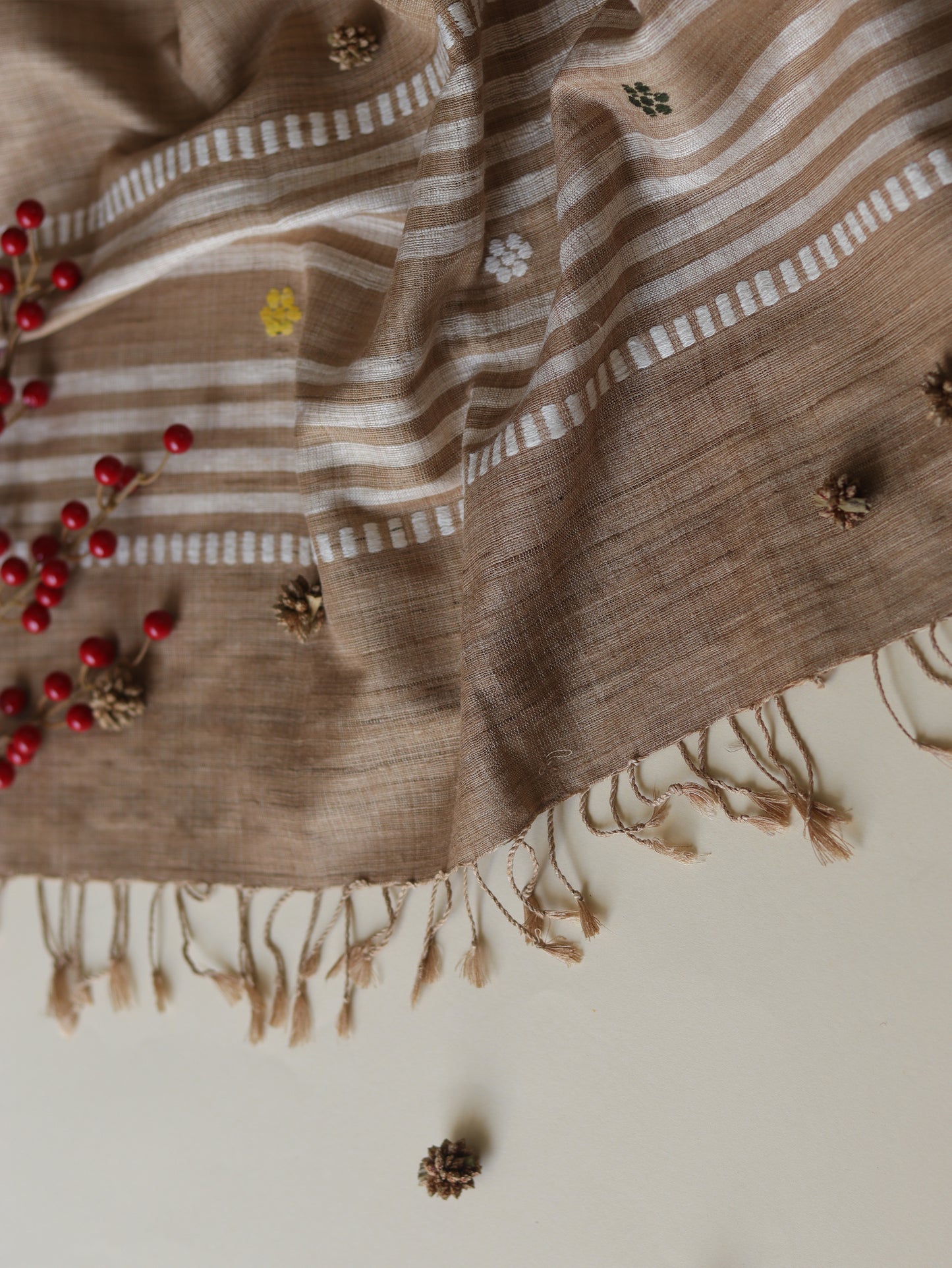 Ahimsa Silk Scarf in brown with geometric and flower motifs