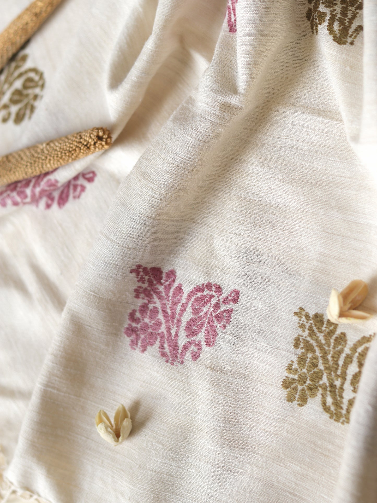 Ahimsa Silk Scarf with pink and green motifs