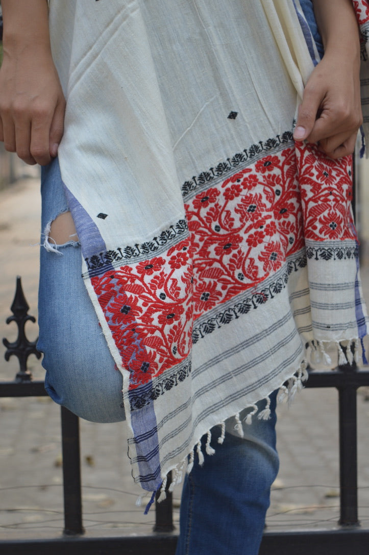 White Eri silk scarf with red flower border