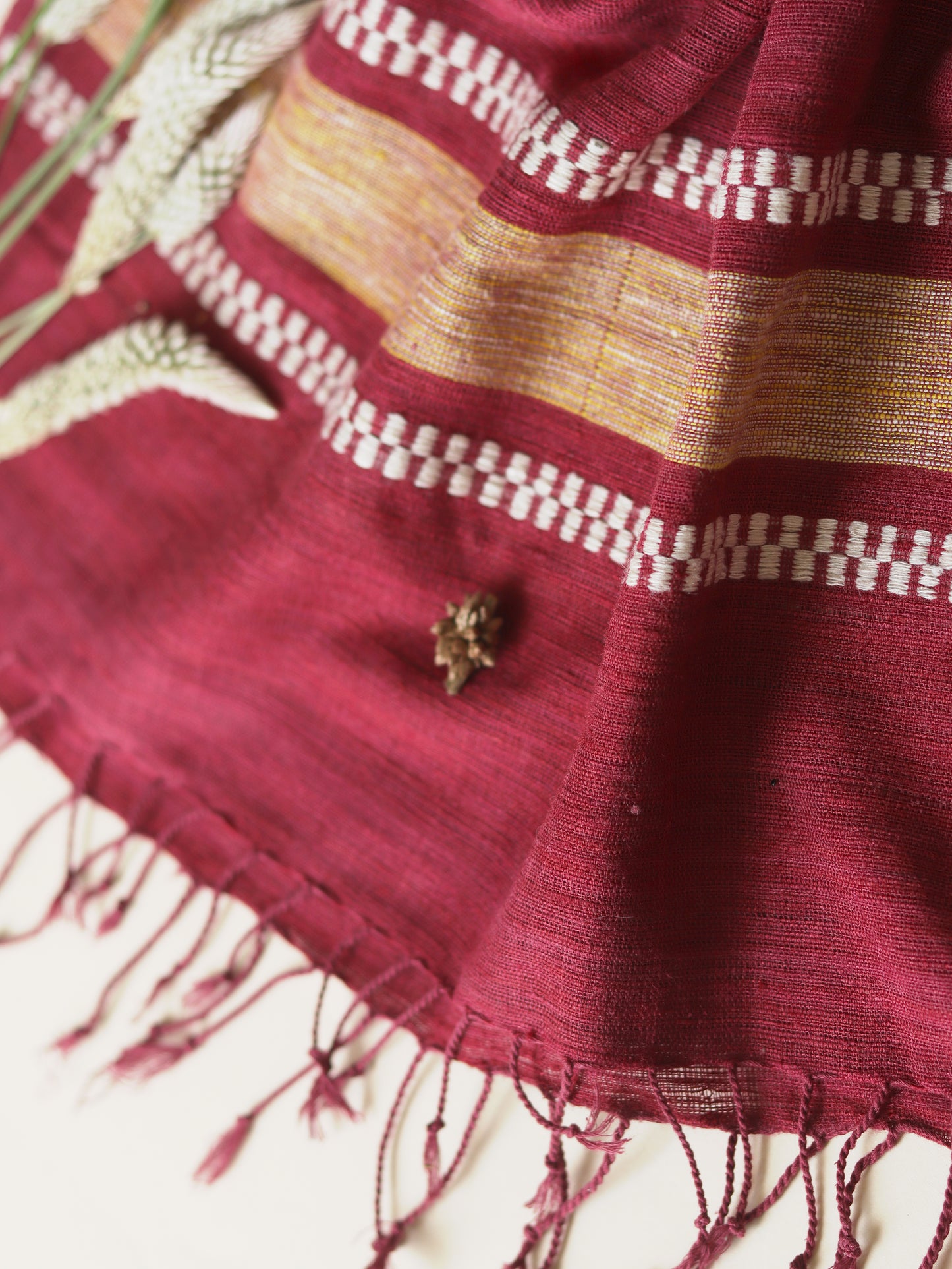 Ahimsa Silk Scarf in red with yellow geometric border