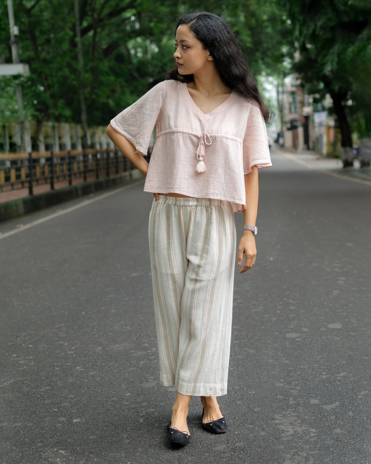 Pink cotton top with flared half sleeves for women