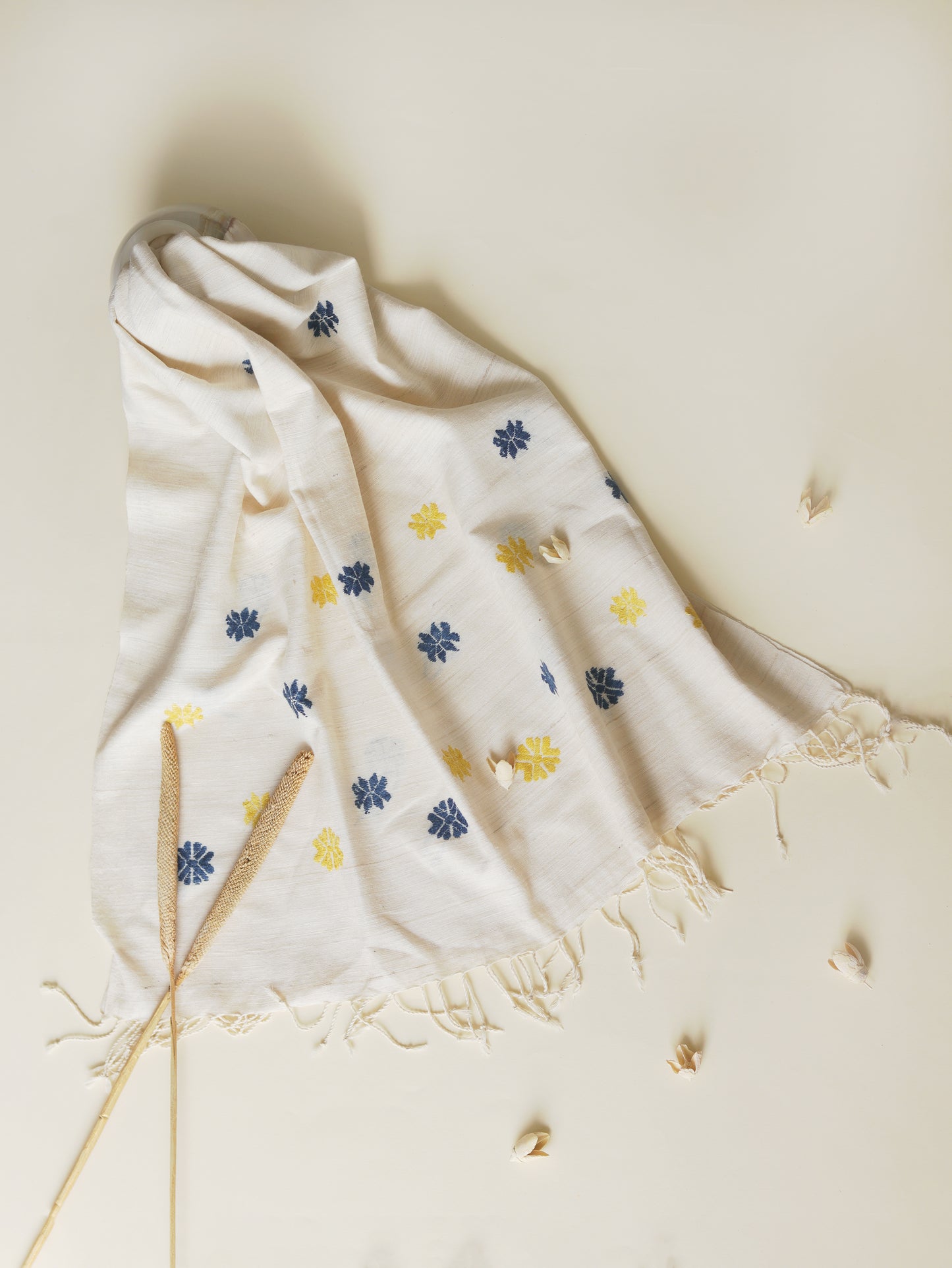 Ahimsa Silk Scarf with blue and yellow motifs