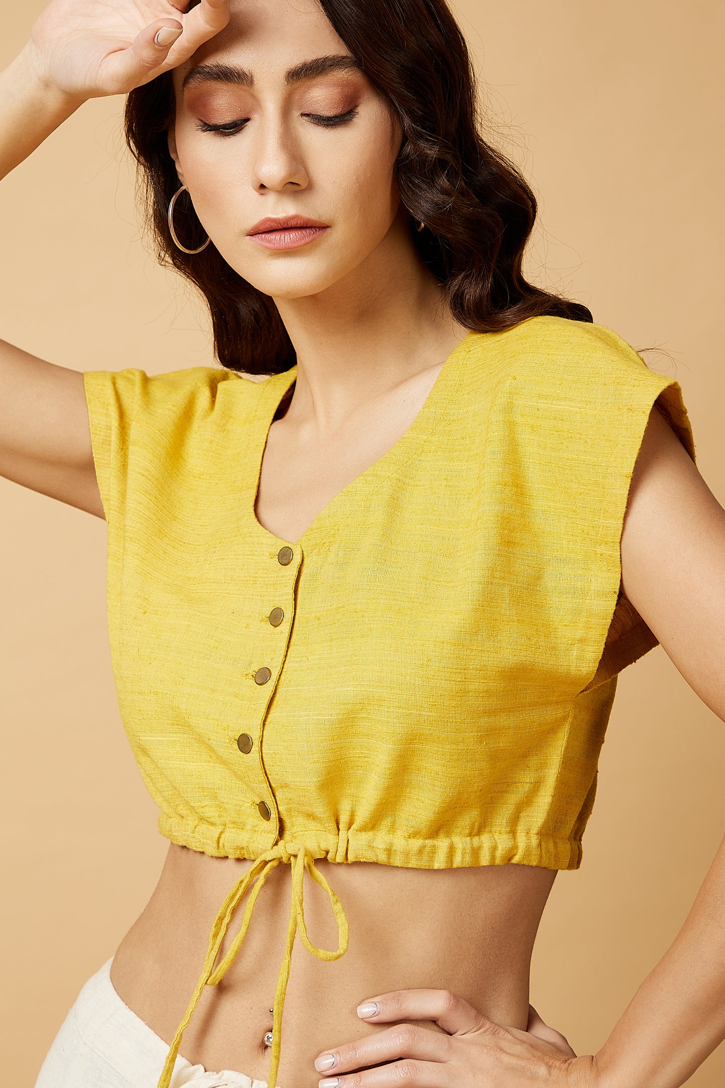 Crop top with kimono style sleeves in yellow