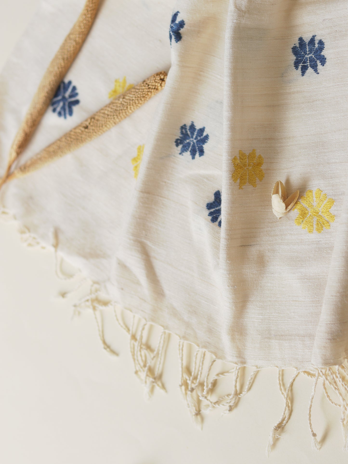 Ahimsa Silk Scarf with blue and yellow motifs
