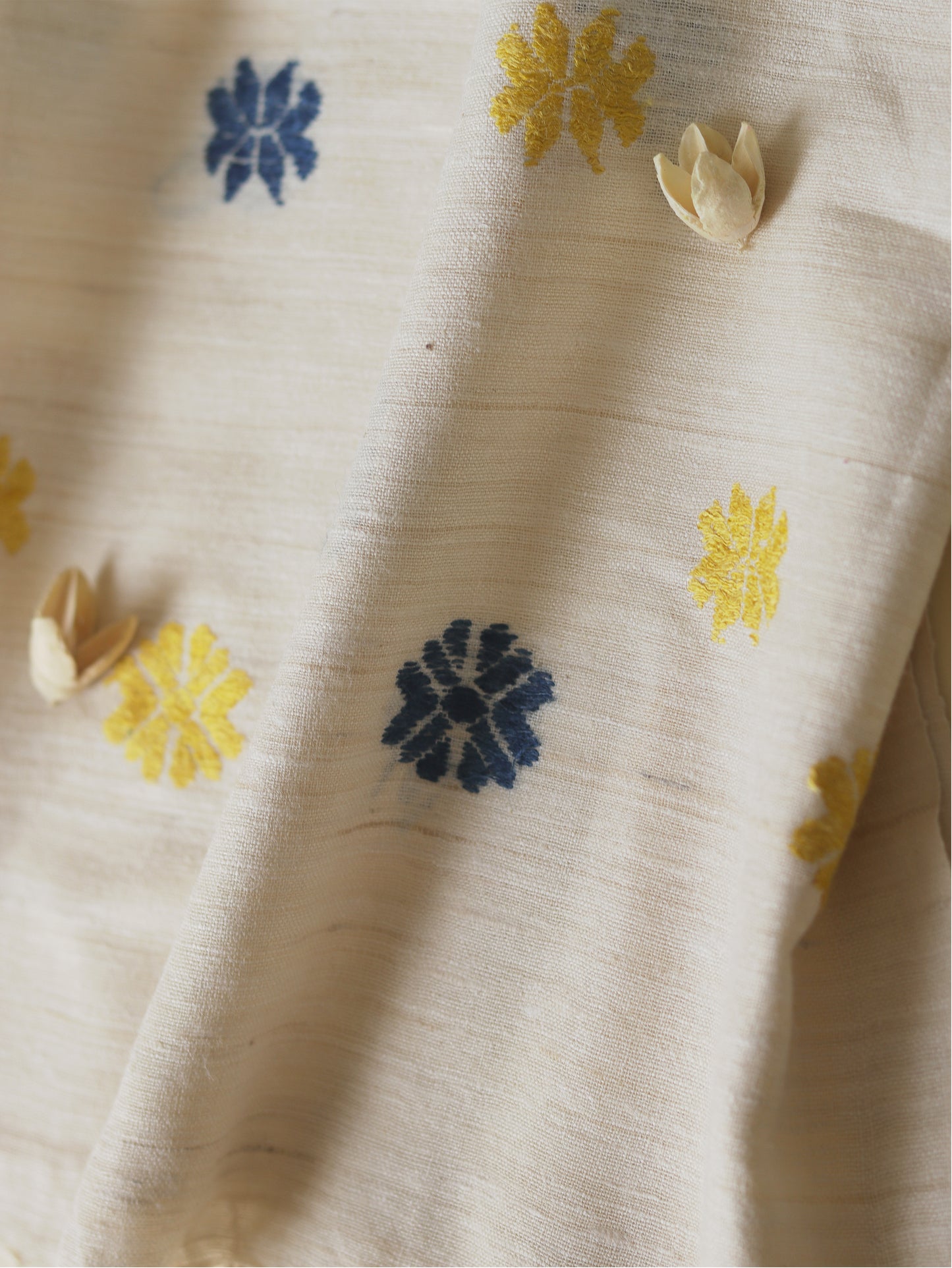 Ahimsa Silk Scarf with blue and yellow motifs