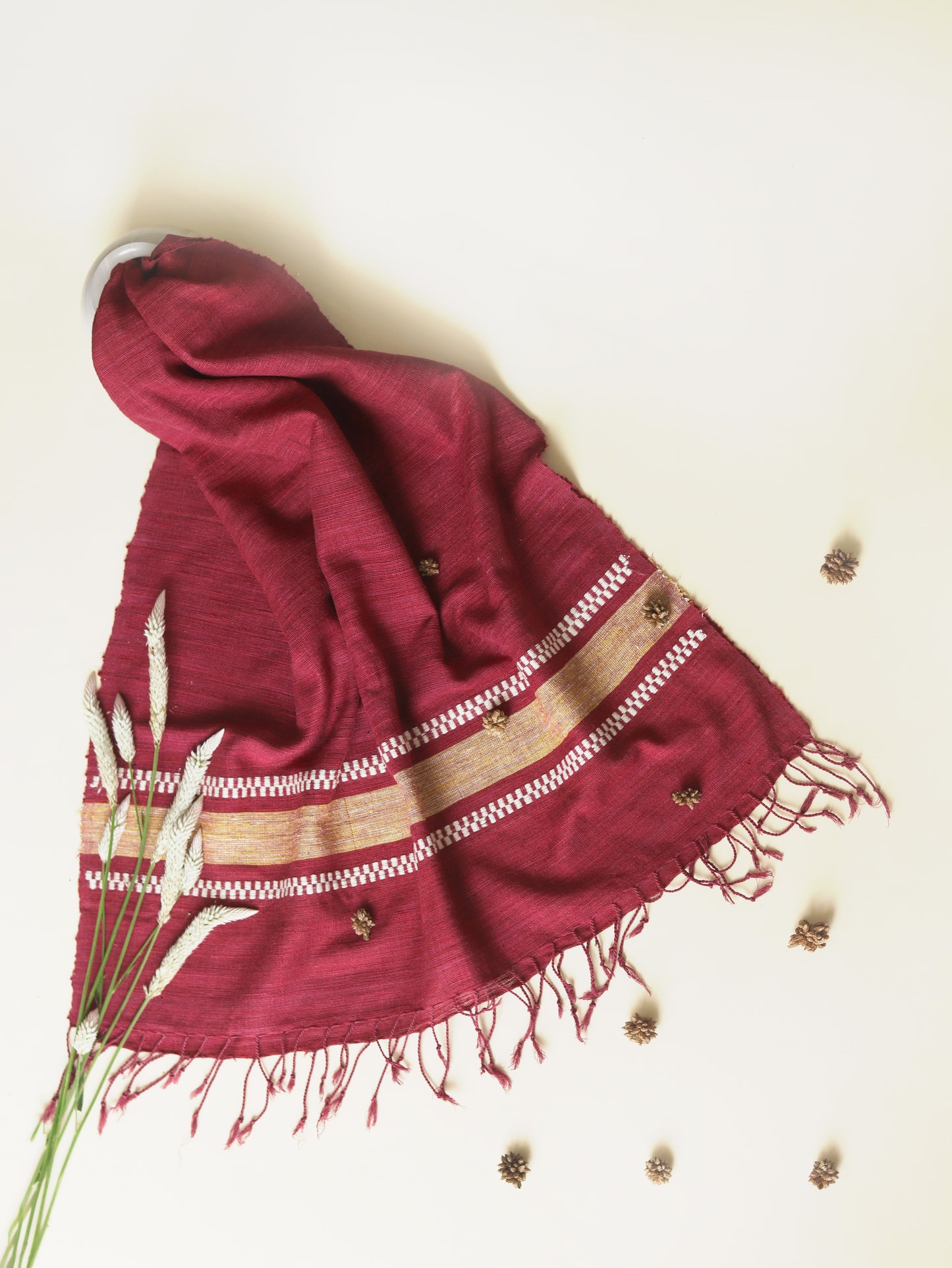 Ahimsa Silk Scarf in red with yellow geometric border