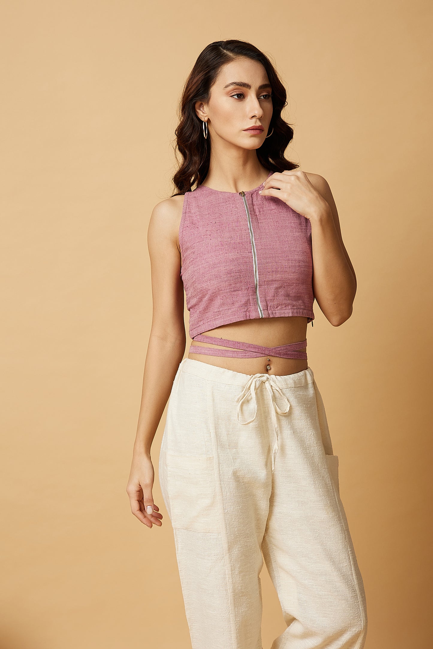 Crop top with zip detail and midriff ties in pink