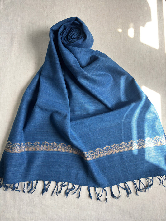 indigo dyed handwoven silk stole with temple border design in beige