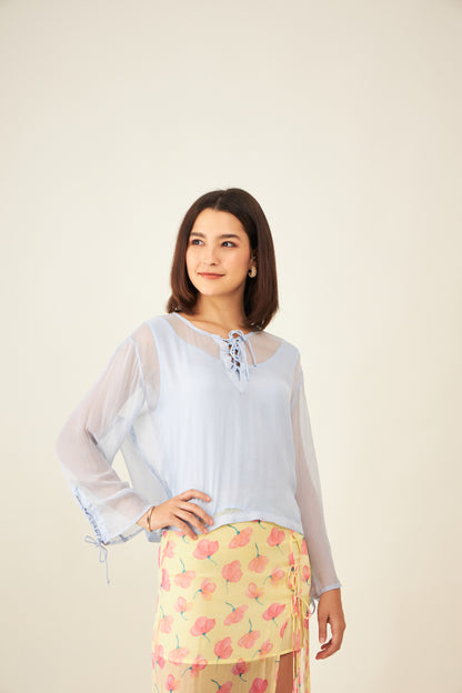 Set of 2 - Sheer top with tie details in powder blue