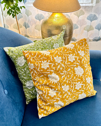 Cotton Cushion Cover | Floral Print | Mustard Yellow