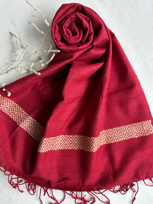Ahimsa Silk Stole in Red with Beige Geometric Border | Natural Dyes