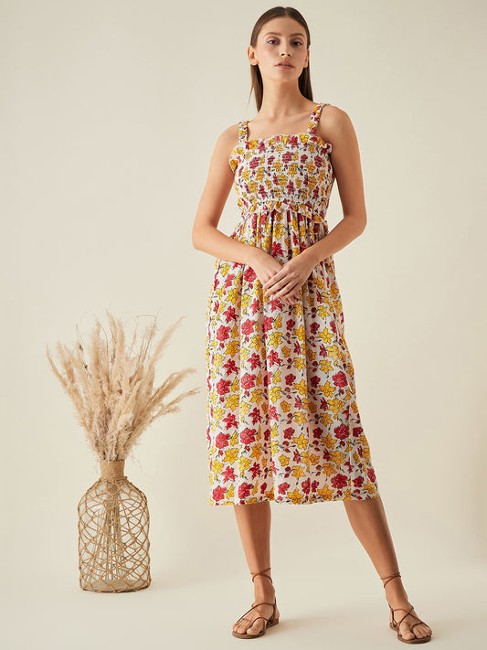 Midi dress for women | Red, yellow, white