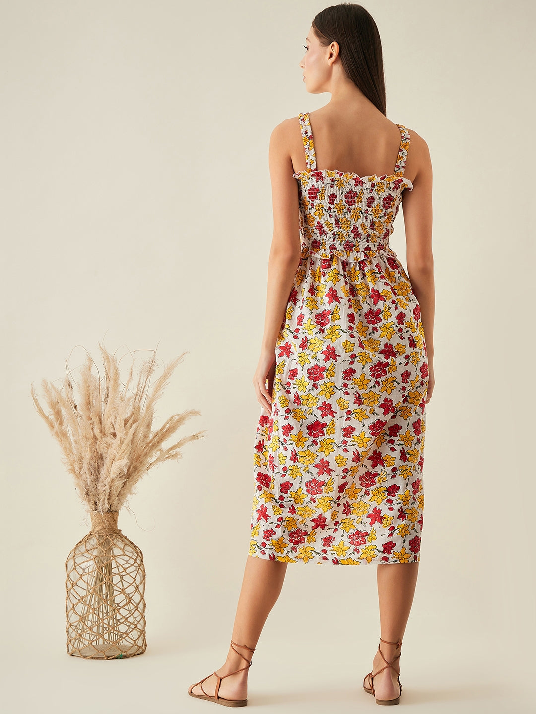 Midi dress for women | Red, yellow, white