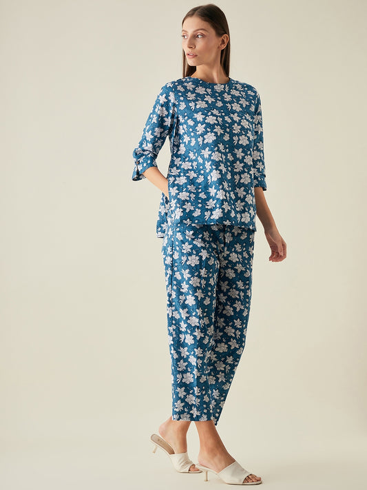 Set of 2- Blue and White Tunic and Pants Set in Cotton