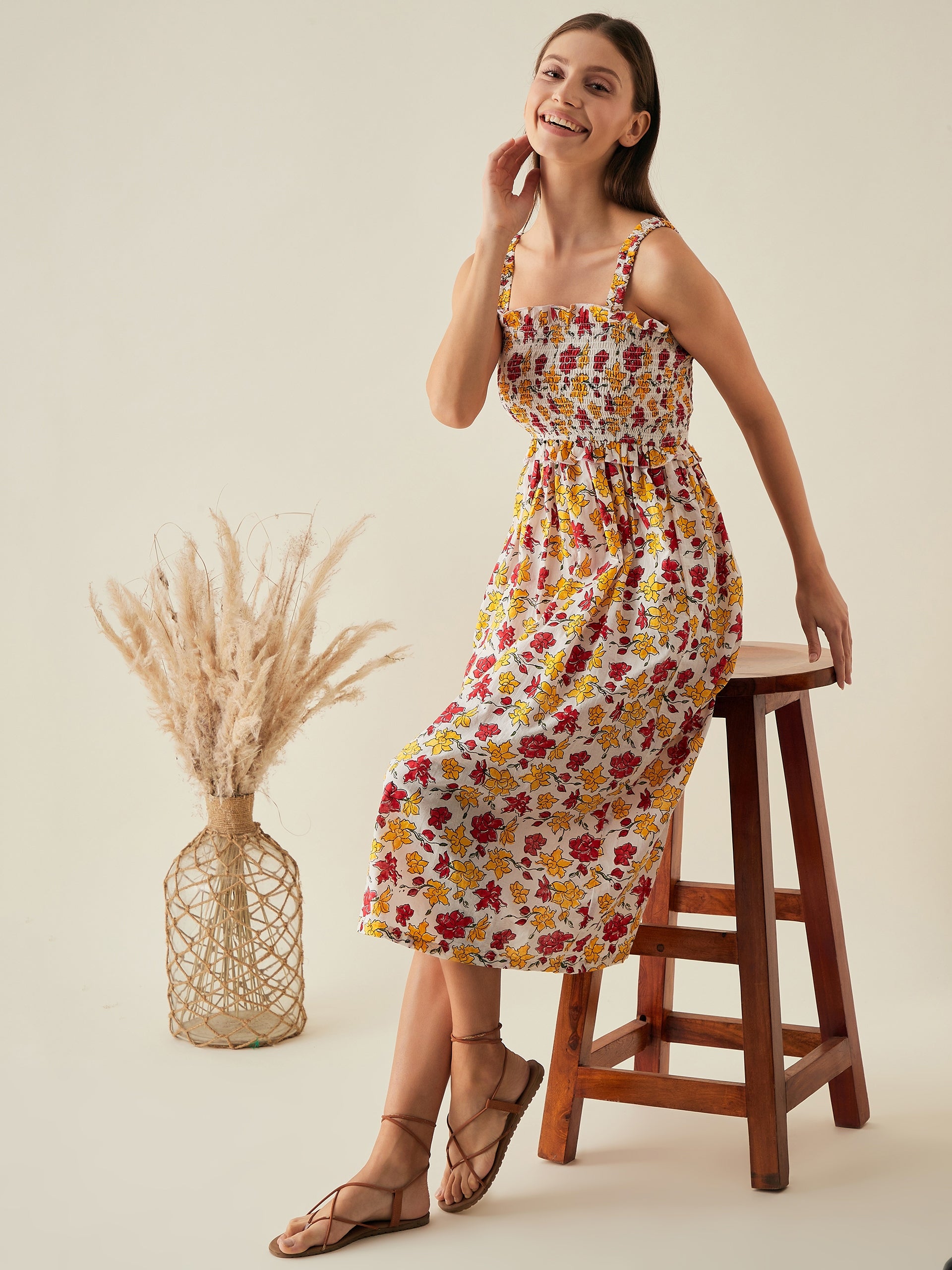 Midi dress for women | Red, yellow, white