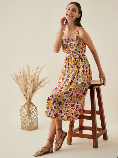 Midi dress for women | Red, yellow, white